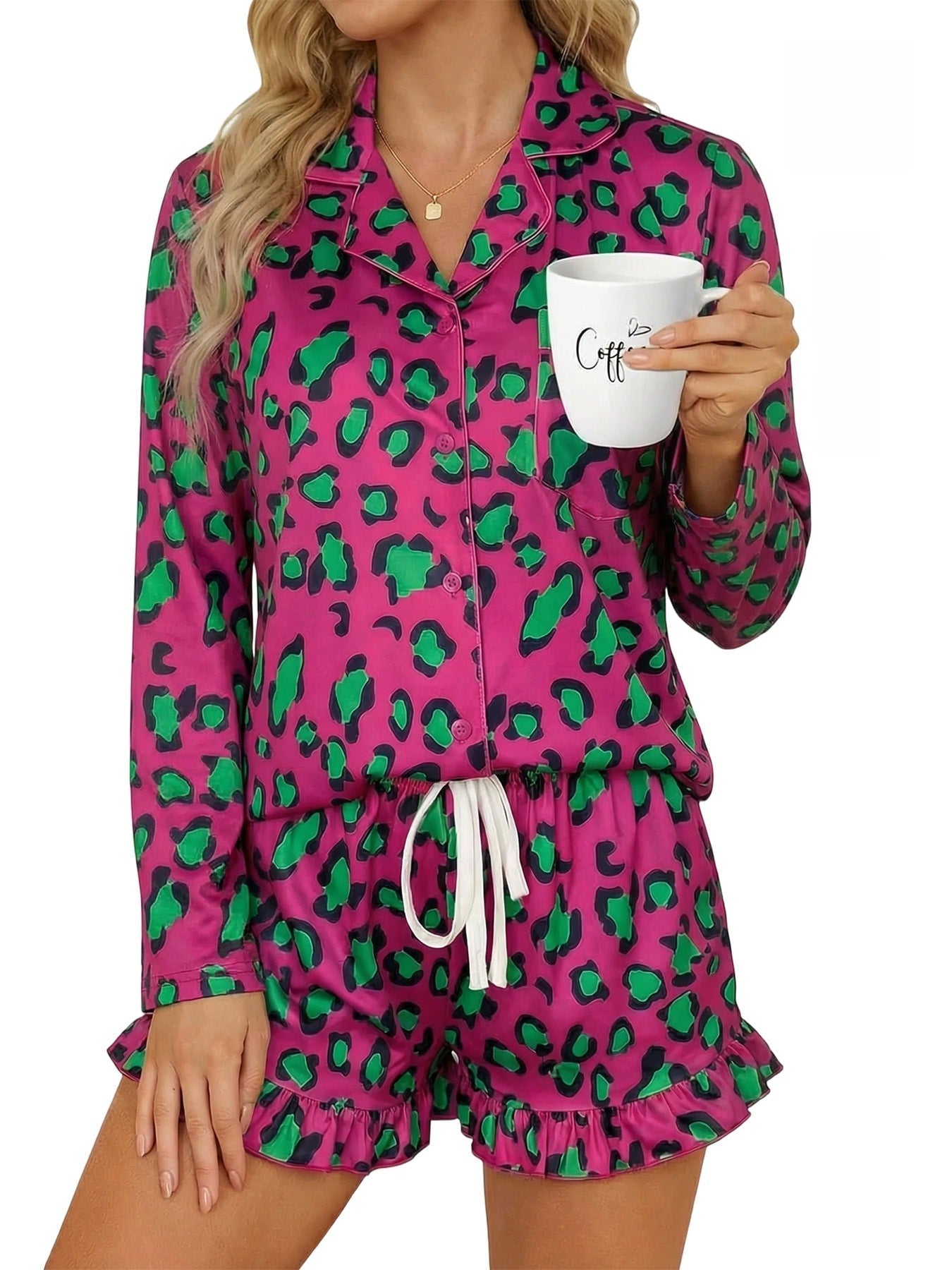 Women’s milk silk leopard print pajama set by Plush Fashion Hub, featuring comfortable casualwear with a stylish animal print design.