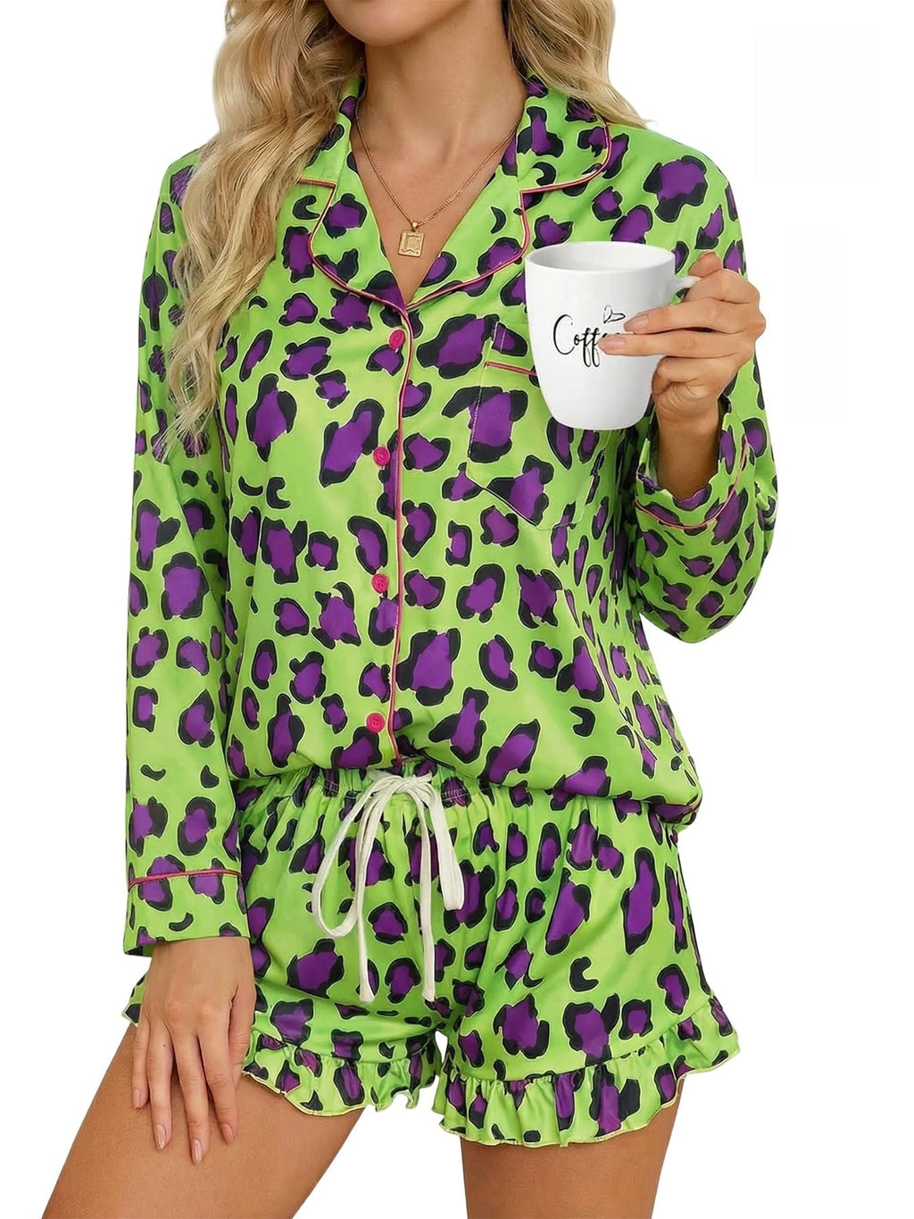 Women’s milk silk leopard print pajama set from Plush Fashion Hub, featuring a comfortable casualwear sleepwear outfit.
