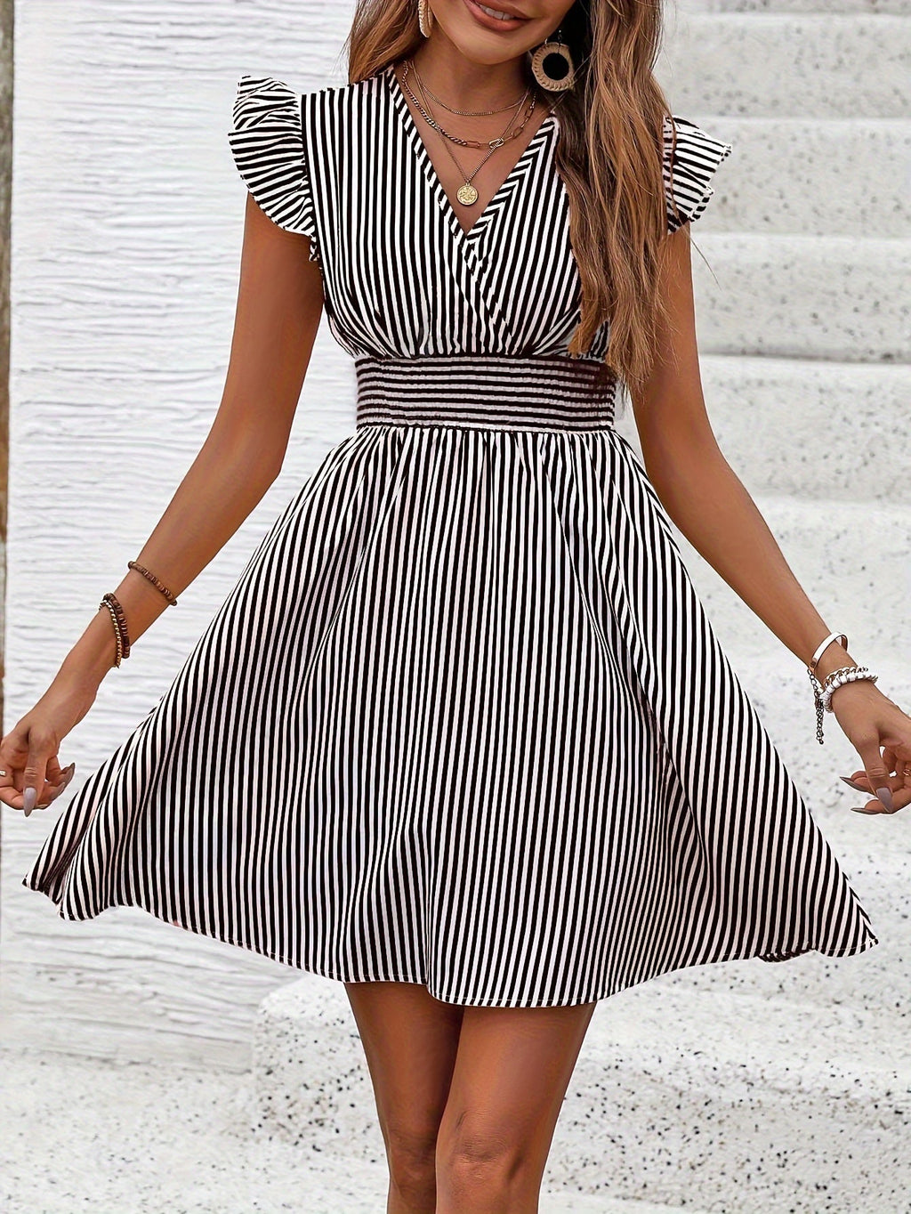Women's striped V-neck mini dress with flutter sleeves, casual summer dress by Plush Fashion Hub, ideal for warm-weather styling.