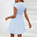 Women's striped V-neck mini dress with flutter sleeves, casual summer dress by Plush Fashion Hub.