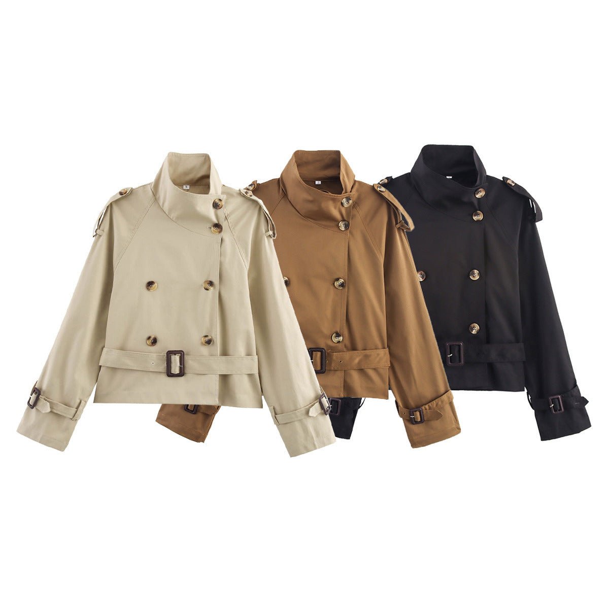 Women's short trench coat with notch collar and belt buckle detail, stylish jacket by Plush Fashion Hub.