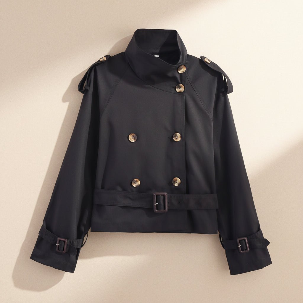 Women's short trench coat with notch collar and belt buckle detail by Plush Fashion Hub, shown in a stylish outerwear design.