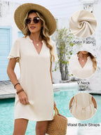 Women's notched flutter sleeve mini dress by Trendsi, casual summer shift dress with a relaxed fit and stylish design.