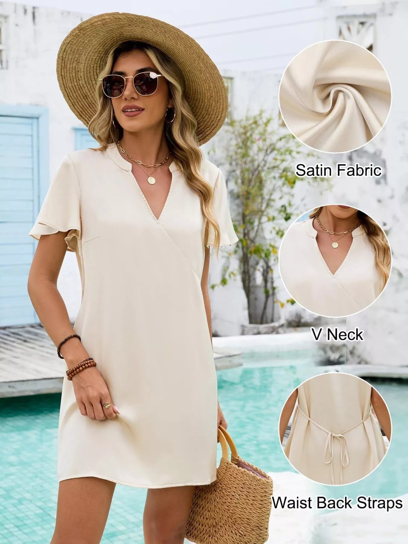 Women's notched flutter sleeve mini dress by Trendsi, casual summer shift dress with a relaxed fit and stylish design.