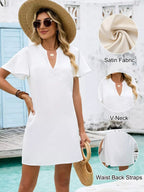 Women’s notched flutter sleeve mini dress by Trendsi, casual summer shift dress with a relaxed fit and stylish design.