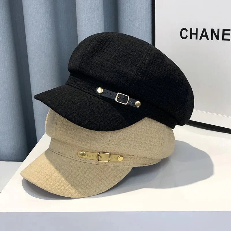 Women’s octagonal newsboy beret hat by Plush Fashion Hub, showcasing a stylish, patterned wool cap for women.