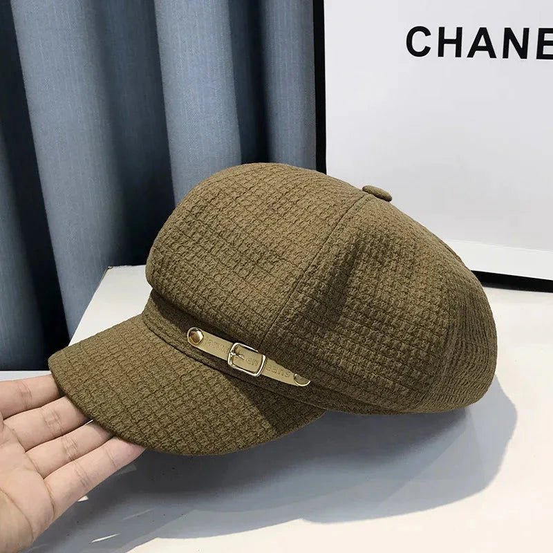 Women’s octagonal newsboy beret by Plush Fashion Hub, stylish wool hat featuring a classic newsboy design and octagonal shape.