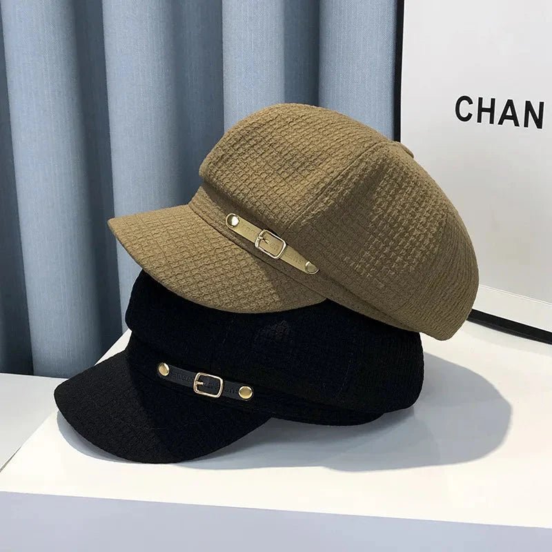 Women's octagonal newsboy beret by Plush Fashion Hub, stylish hat with a classic shape and textured fabric, suitable for fall and winter wear.