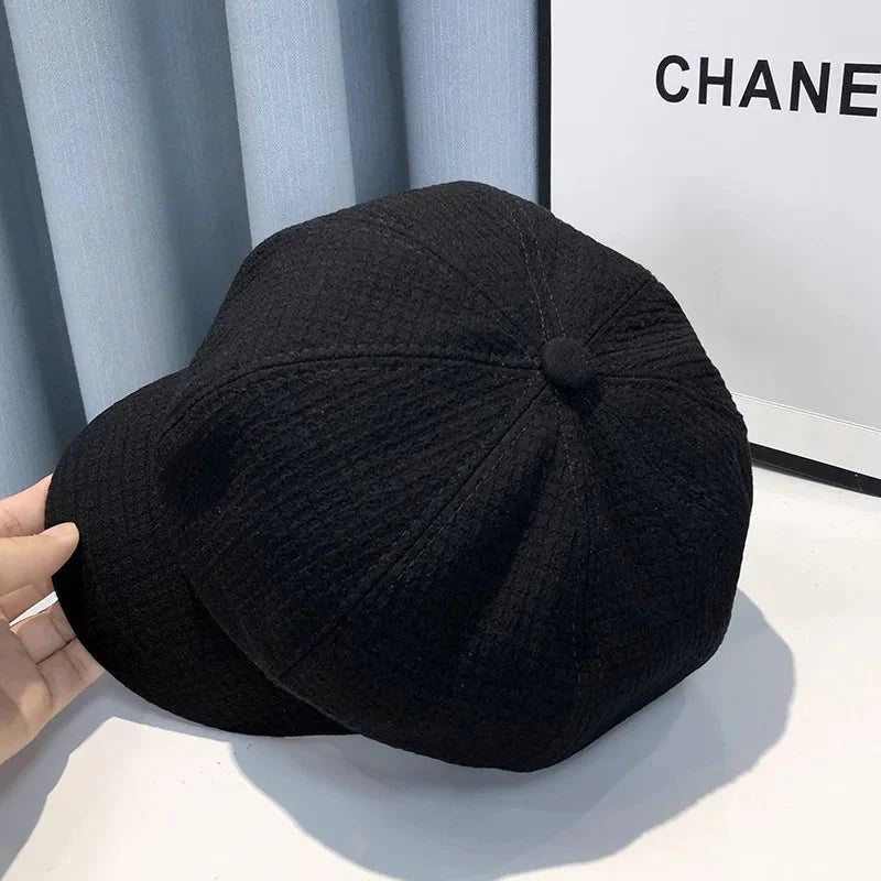 Women’s octagonal newsboy beret by Plush Fashion Hub, stylish wool hat with a classic design and geometric shape for fashionable wear.