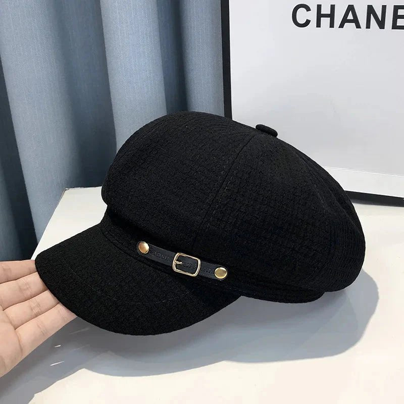 Women’s octagonal newsboy beret by Plush Fashion Hub, stylish wool hat with a classic newsboy cap design and geometric shape.