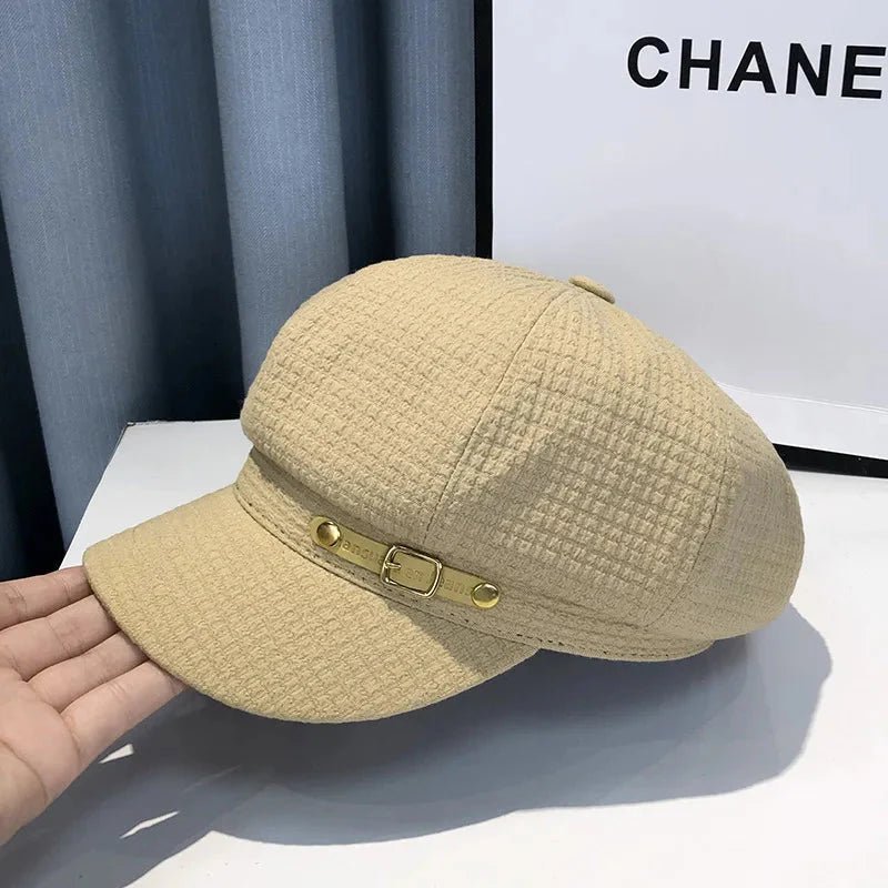 Women’s octagonal newsboy beret by Plush Fashion Hub, stylish hat with a classic design, showcasing the unique octagonal shape and soft fabric.