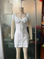 Women's off-shoulder lace-up puff-sleeve sheath dress from Plush Fashion Hub, featuring a single-breasted casualwear design.