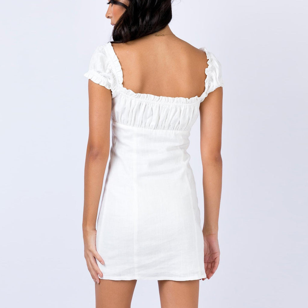 Women's off-shoulder lace-up puff-sleeve sheath dress by Plush Fashion Hub, casualwear with single-breasted design and elegant fit.