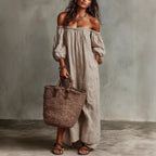 Women's off-shoulder long-sleeve maxi dress in casualwear style, featuring flowing fabric and a relaxed fit by Plush Fashion Hub.