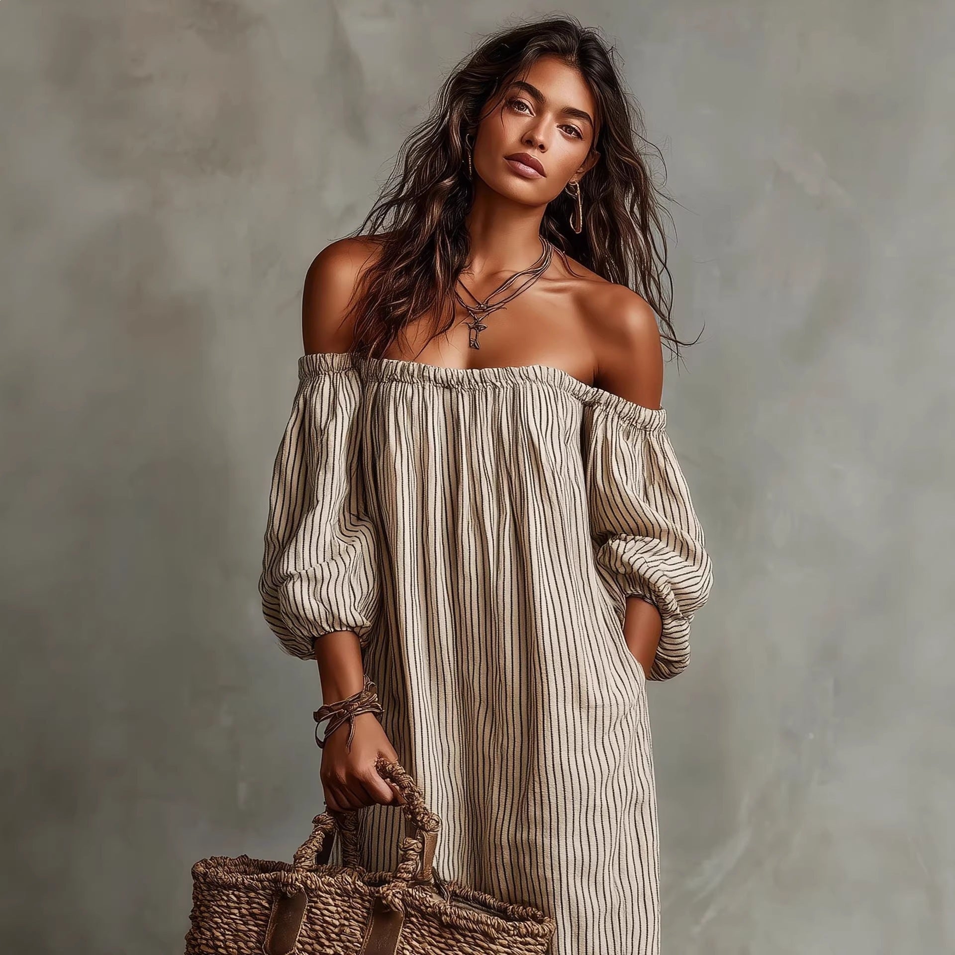 Women's off-shoulder long-sleeve maxi dress by Plush Fashion Hub, casualwear style with flowing fabric and elegant neckline.