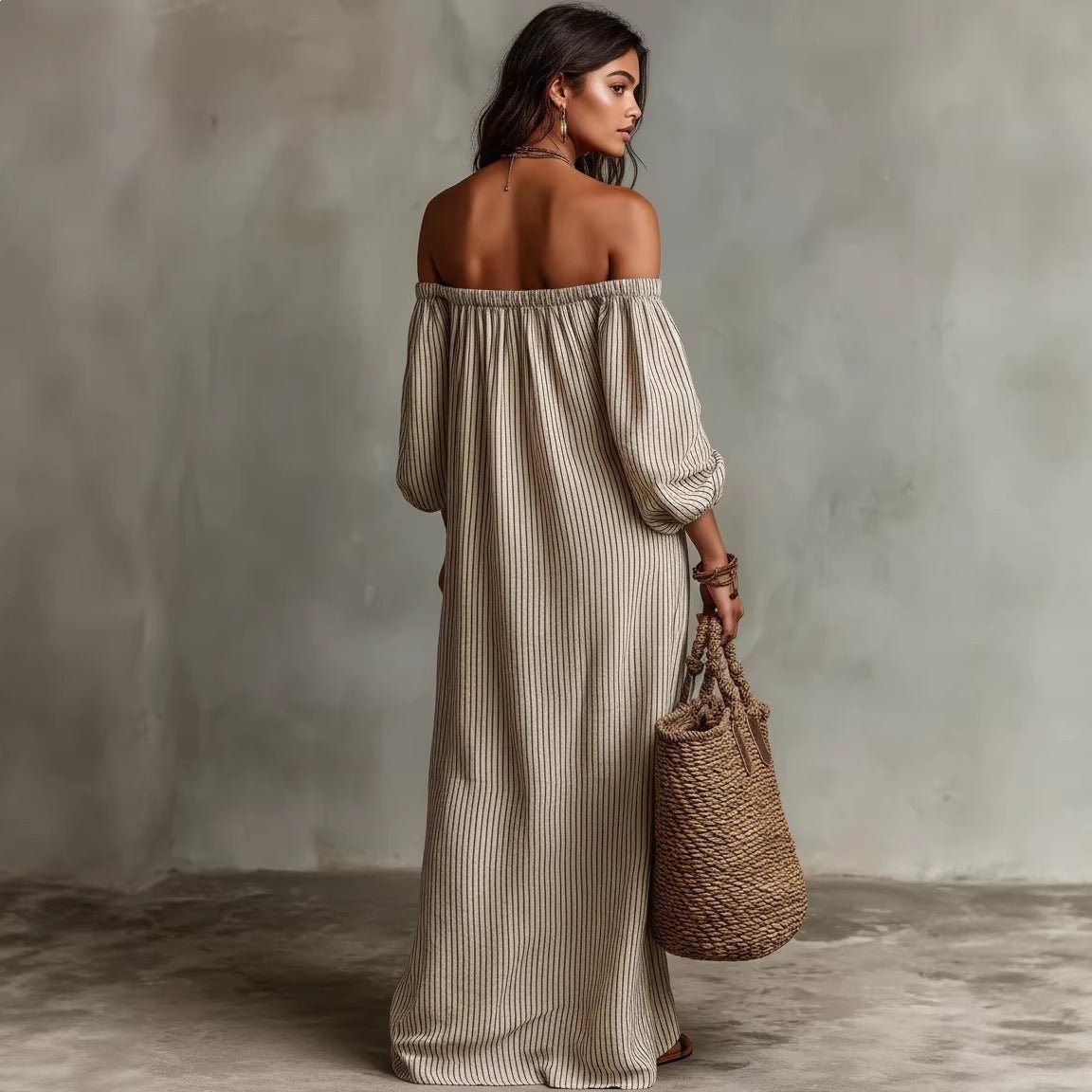 Women's off-shoulder long-sleeve maxi dress by Plush Fashion Hub, casualwear with flowing fabric and elegant neckline.
