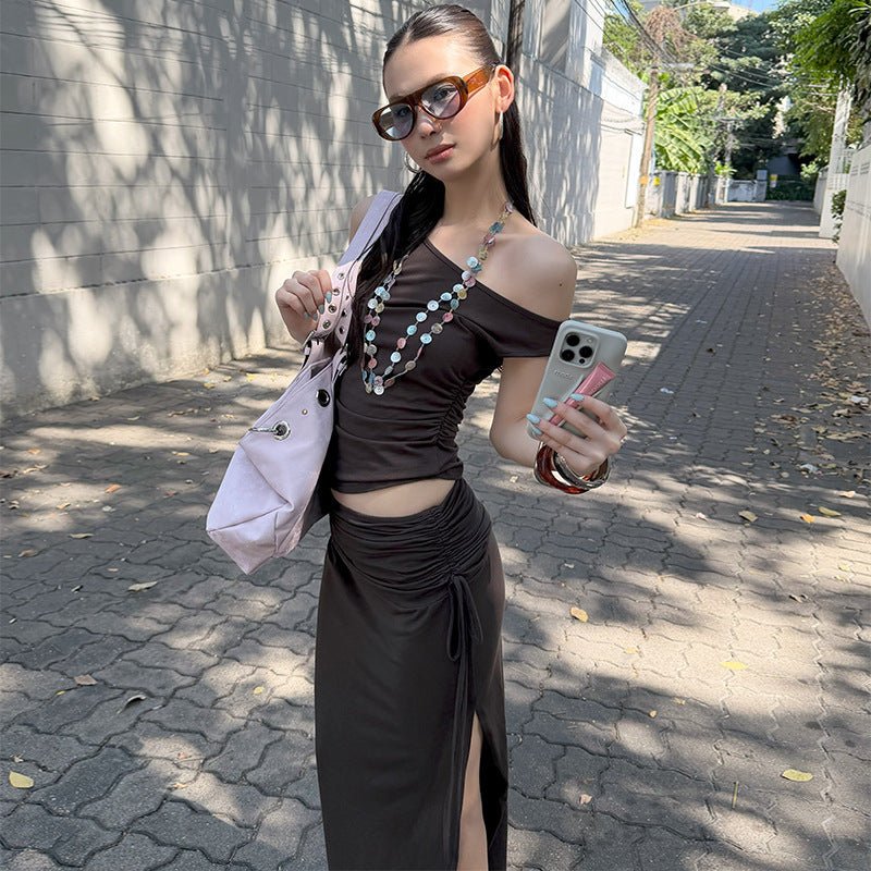 Women's off-shoulder vest and skirt two-piece casualwear set from Plush Fashion Hub, featuring stylish and comfortable design.