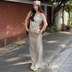Women's off-shoulder vest and skirt two-piece casualwear set by Plush Fashion Hub, featuring stylish off-shoulder design and coordinated fit.