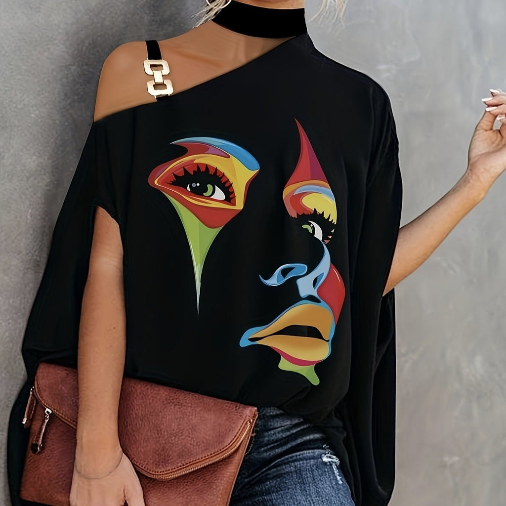 Women’s one-shoulder printed casual T-shirt by Plush Fashion Hub, featuring a stylish design and comfortable fit.
