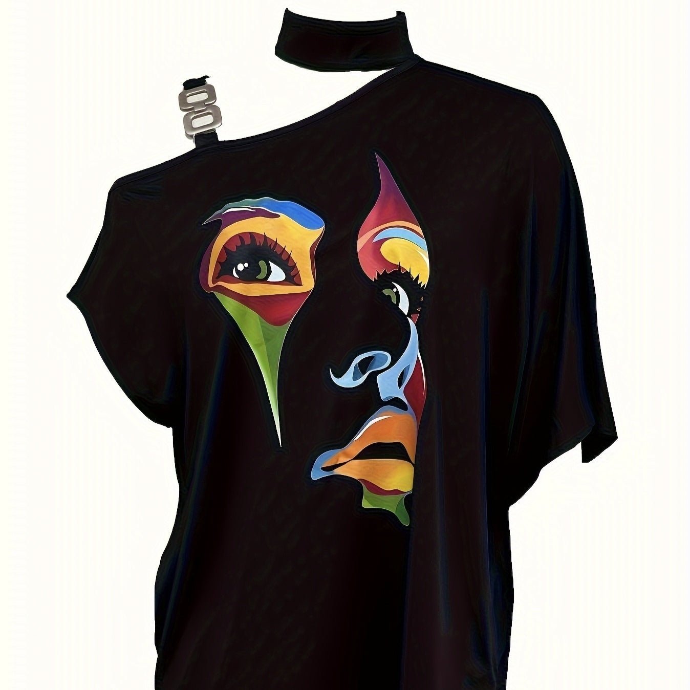 Women’s one-shoulder printed casual T-shirt by Plush Fashion Hub, featuring a stylish design and comfortable fit.