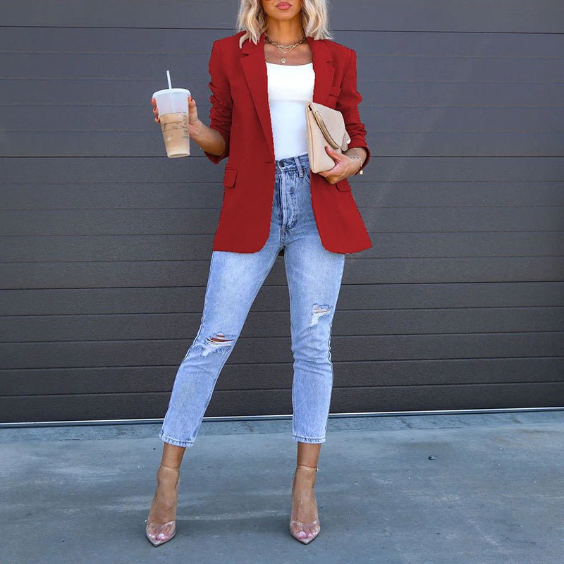 Women’s open-front casual blazer by Plush Fashion Hub, stylish lightweight jacket with long sleeves and tailored fit.