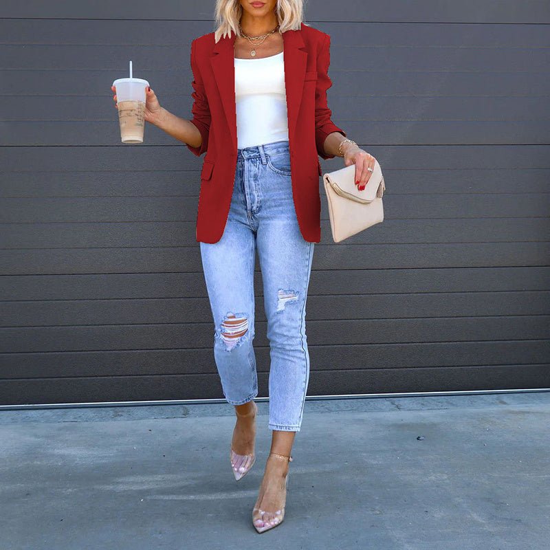 Women’s open-front casual blazer by Plush Fashion Hub, lightweight with long sleeves, tailored fit, and versatile style.