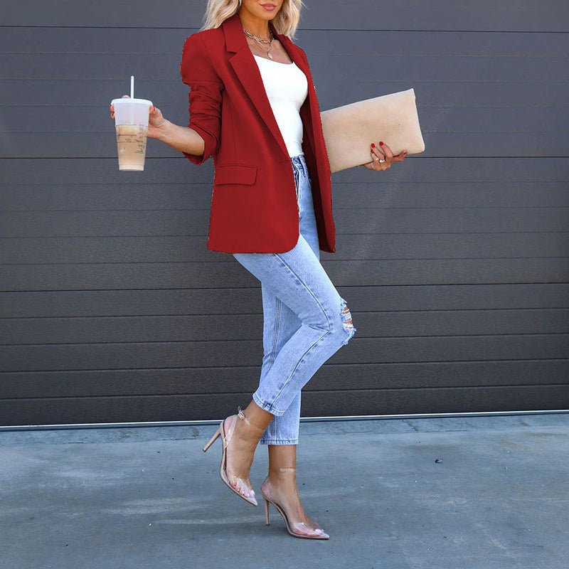 Women's open-front casual blazer by Plush Fashion Hub, stylish lightweight blazer with long sleeves and lapel collar.