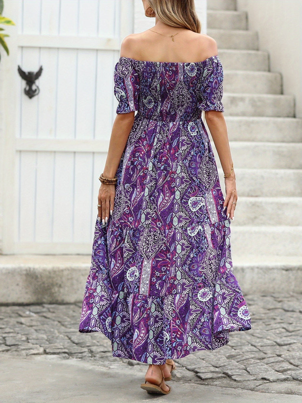 Women's paisley one-shoulder maxi dress by Plush Fashion Hub, casualwear style with flowing fabric and elegant design.