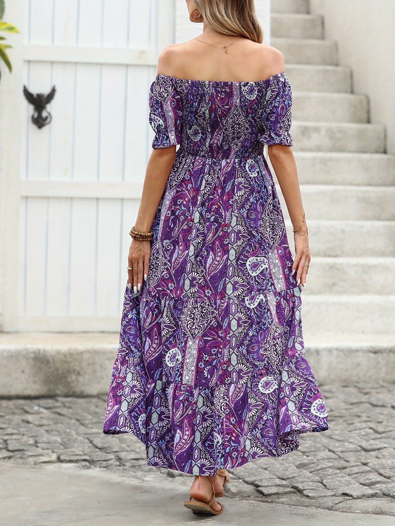 Women's paisley one-shoulder maxi dress by Plush Fashion Hub, casualwear style with flowing fabric and elegant design.