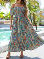 Women’s paisley one-shoulder maxi dress by Plush Fashion Hub, featuring a flowing casualwear design with a stylish one-shoulder neckline.
