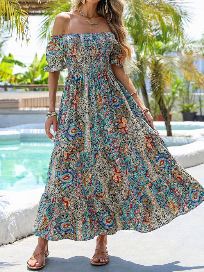 Women’s paisley one-shoulder maxi dress by Plush Fashion Hub, featuring a flowing casualwear design with a stylish one-shoulder neckline.