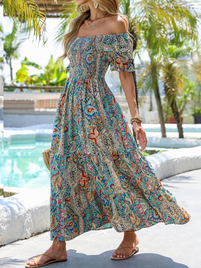 Women’s paisley one-shoulder maxi dress by Plush Fashion Hub, casualwear, flowing fabric with a stylish one-shoulder design.