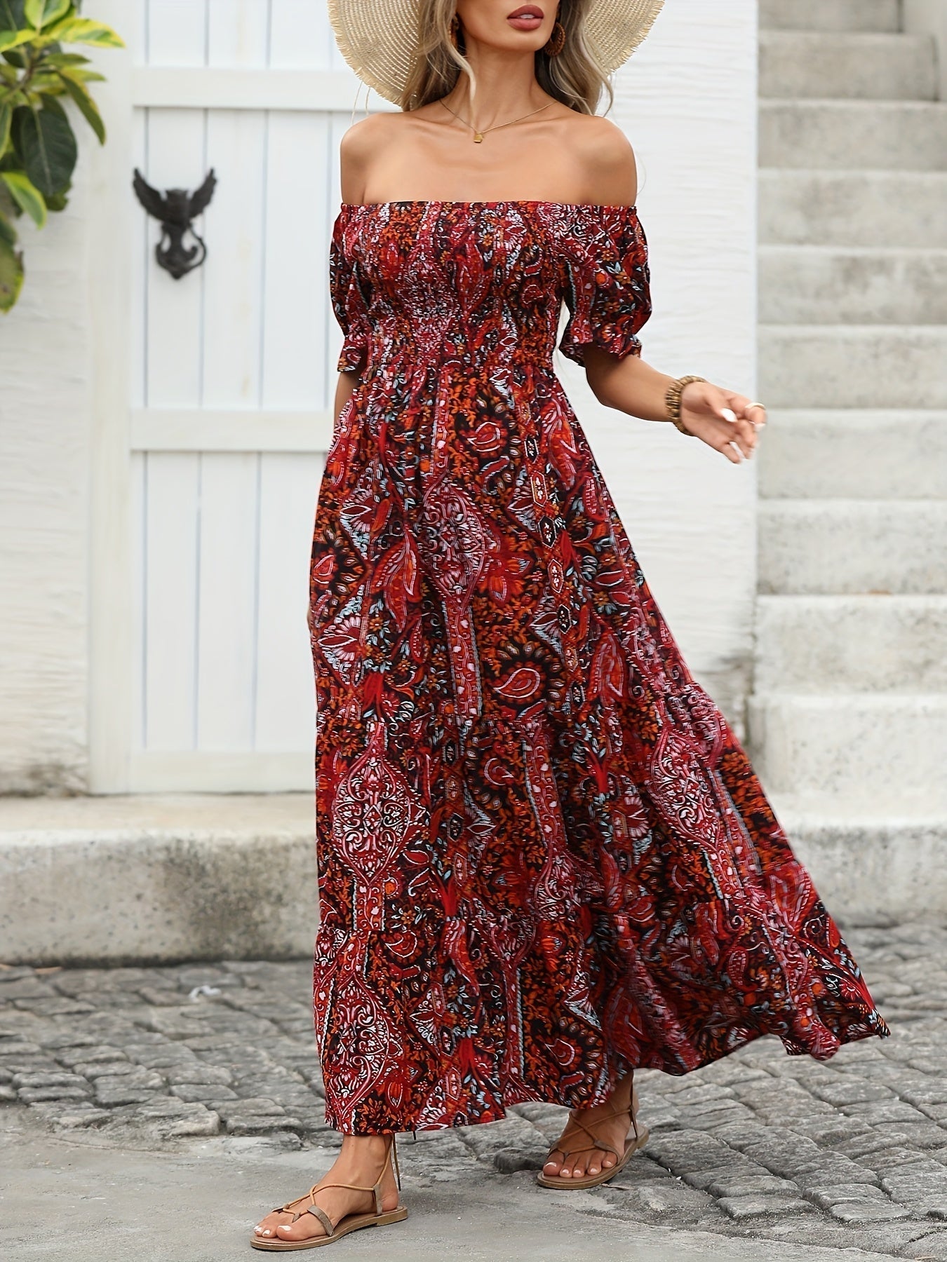 Women’s paisley one-shoulder maxi dress from Plush Fashion Hub, casualwear with flowing fabric and elegant drape.