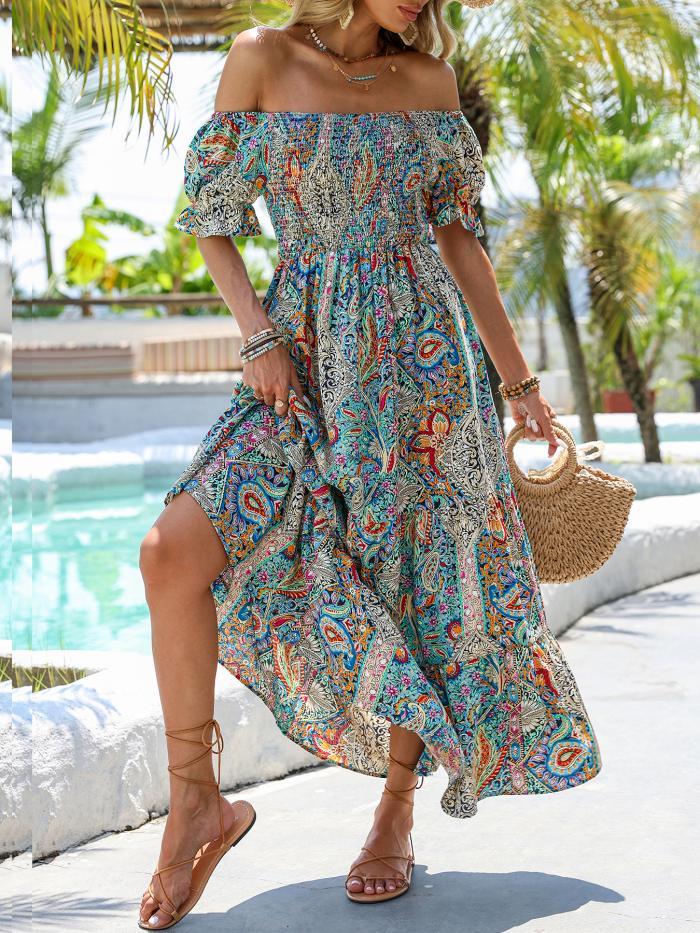 Women’s paisley one-shoulder maxi dress by Plush Fashion Hub, casualwear, flowing fabric with a stylish shoulder design.
