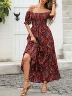 Women’s paisley one-shoulder maxi dress by Plush Fashion Hub, featuring a flowing casualwear design with a stylish one-shoulder neckline.