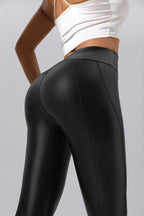 Women's patchwork leather pants by Plush Fashion Hub, casualwear for running, fitness, and yoga, shown in a relaxed fit style.