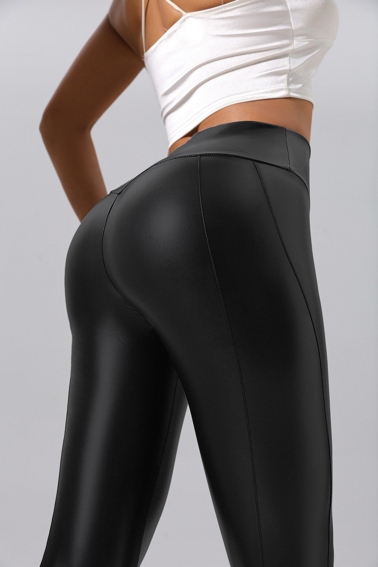 Women's patchwork leather pants by Plush Fashion Hub, casualwear for running, fitness, and yoga, shown in a relaxed fit style.