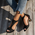 Women’s suede peep toe zipper heel shoes with high heels, stylish footwear by Plush Fashion Hub.