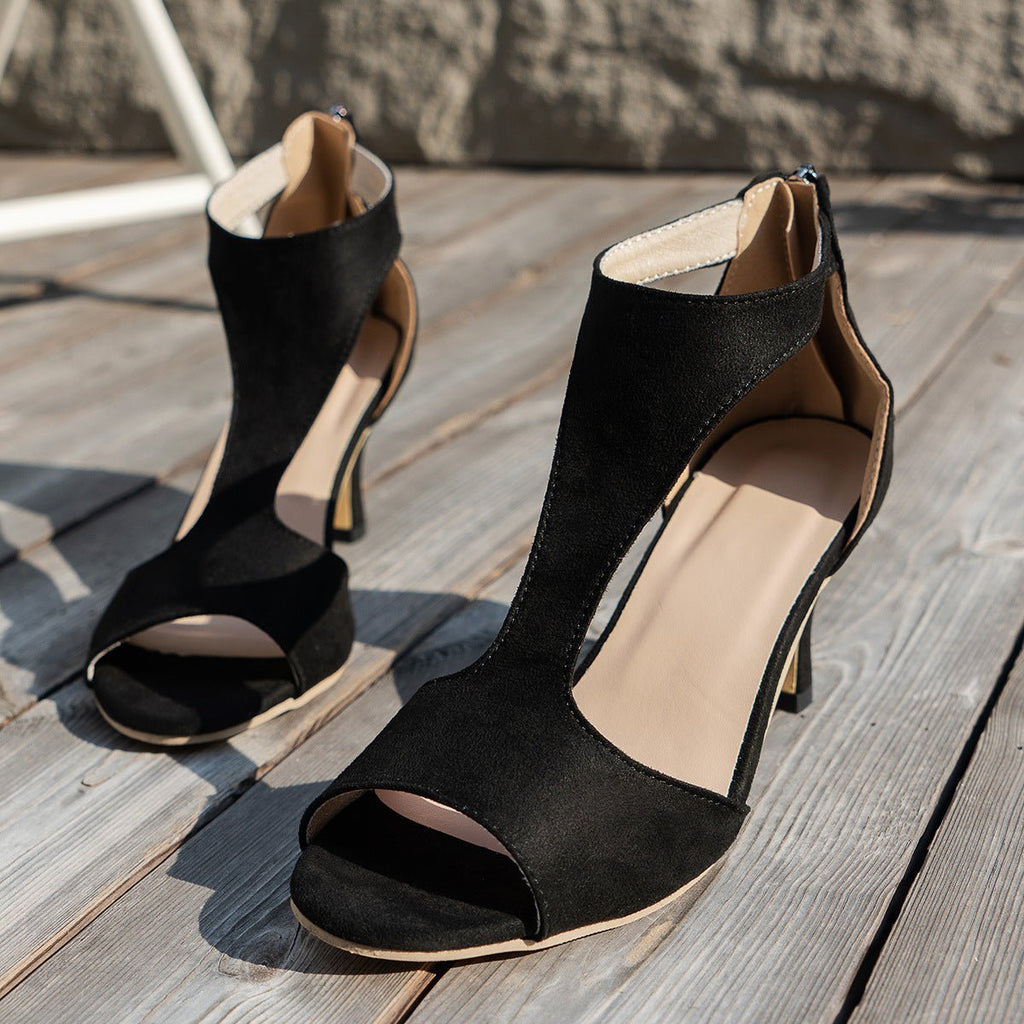 Women's suede peep toe zipper heel shoes by Plush Fashion Hub, stylish high heel sandals with a sleek design.