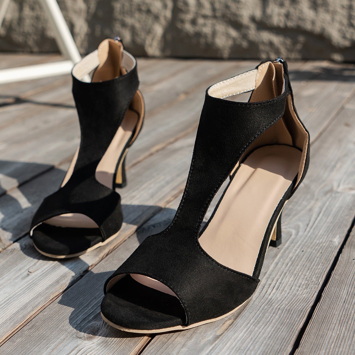Women's suede peep toe zipper heel shoes by Plush Fashion Hub, stylish high heel sandals with a sleek design.