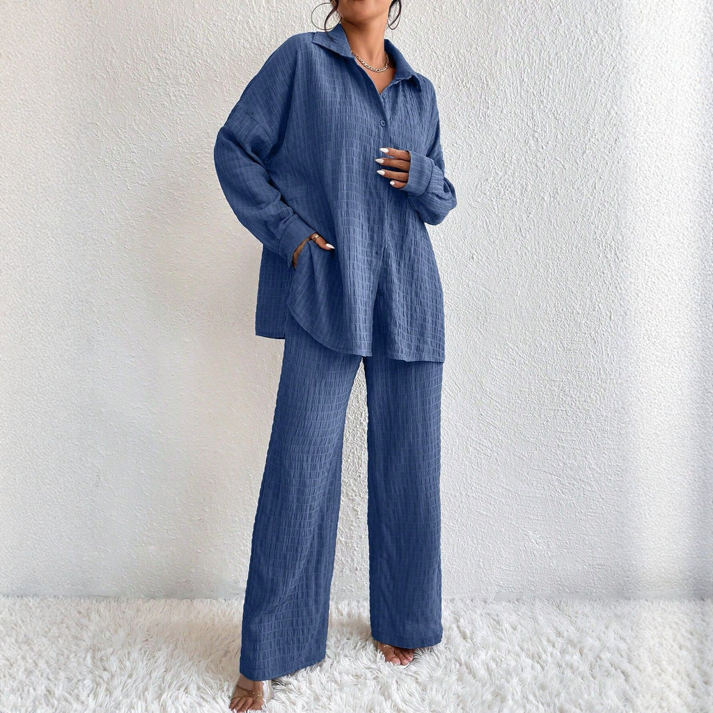 Women's Pleated Long Sleeve Lapel Two-Piece Set from Plush Fashion Hub featuring a loose top and matching pants for casualwear.