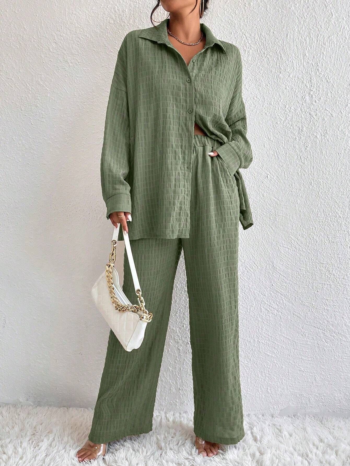 Women's pleated long sleeve lapel two-piece casual set with loose top and matching pants by Plush Fashion Hub.