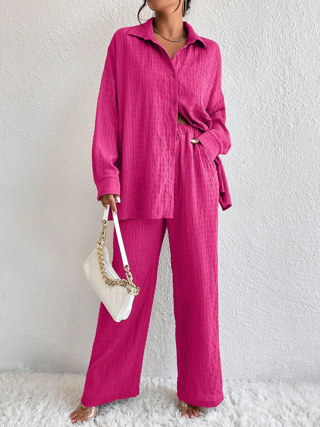 Women's pleated long sleeve lapel two-piece set with loose top and pants, casualwear by Plush Fashion Hub