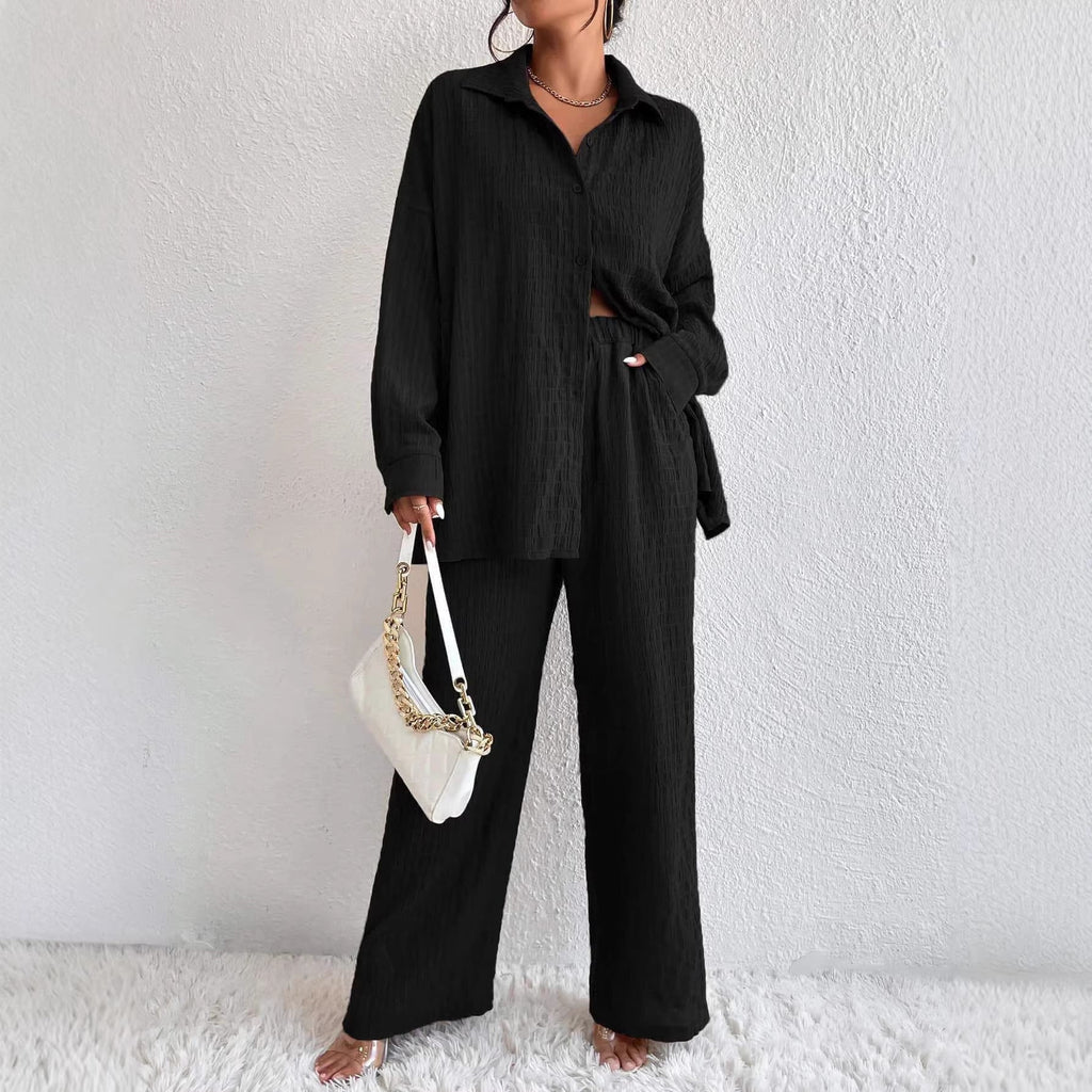 Women's pleated long sleeve lapel two-piece set with loose top and pants, casualwear by Plush Fashion Hub.