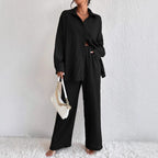 Women's pleated long sleeve lapel two-piece set with loose top and pants, casualwear by Plush Fashion Hub.
