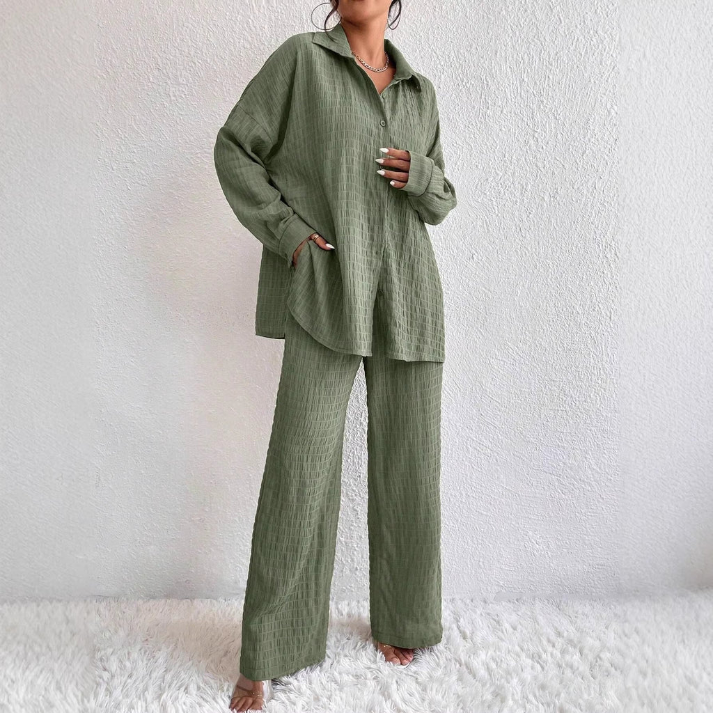 Women's pleated long sleeve lapel two-piece set from Plush Fashion Hub, featuring a loose top and matching pants for casual wear.