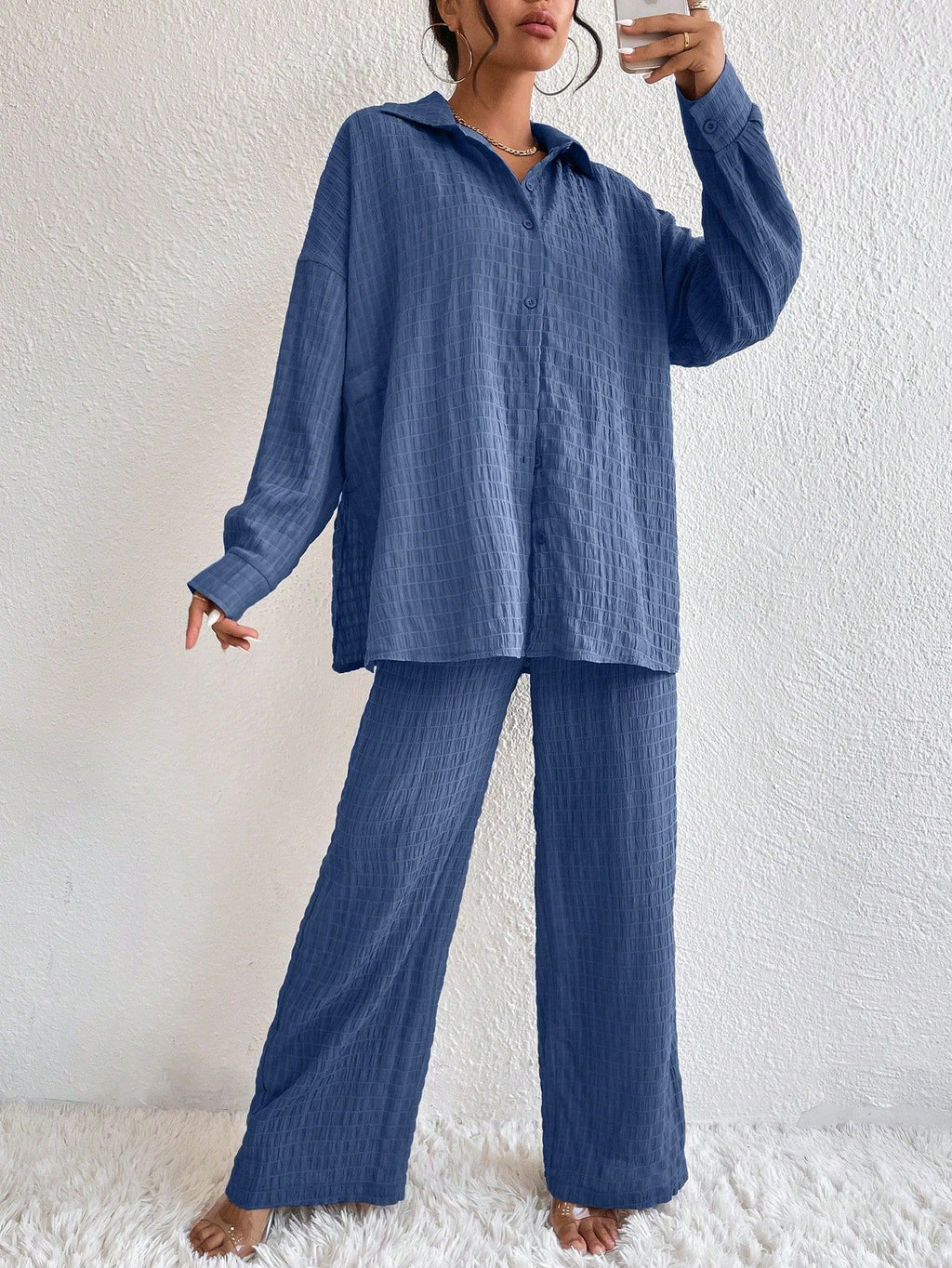 Women's pleated long sleeve lapel two-piece set with loose top and pants, casualwear from Plush Fashion Hub.