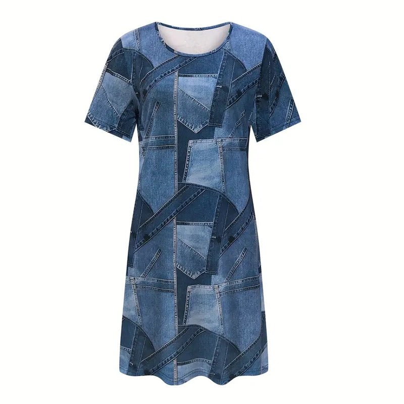 Plus size women's digital print denim-look short sleeve dress by Plush Fashion Hub, casualwear with vibrant denim-inspired design.