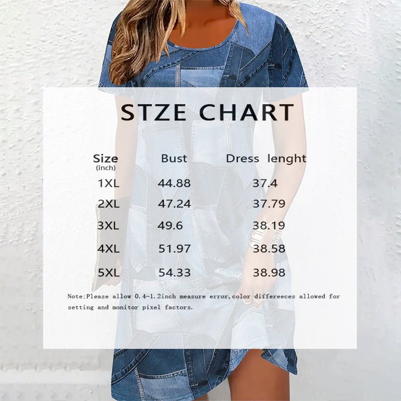 Plus size women's digital print denim-look short sleeve dress by Plush Fashion Hub, casualwear with stylish denim-inspired design.