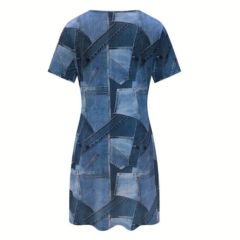 Women’s plus size denim-look short sleeve dress with digital print, casualwear by Plush Fashion Hub, shown on a model.
